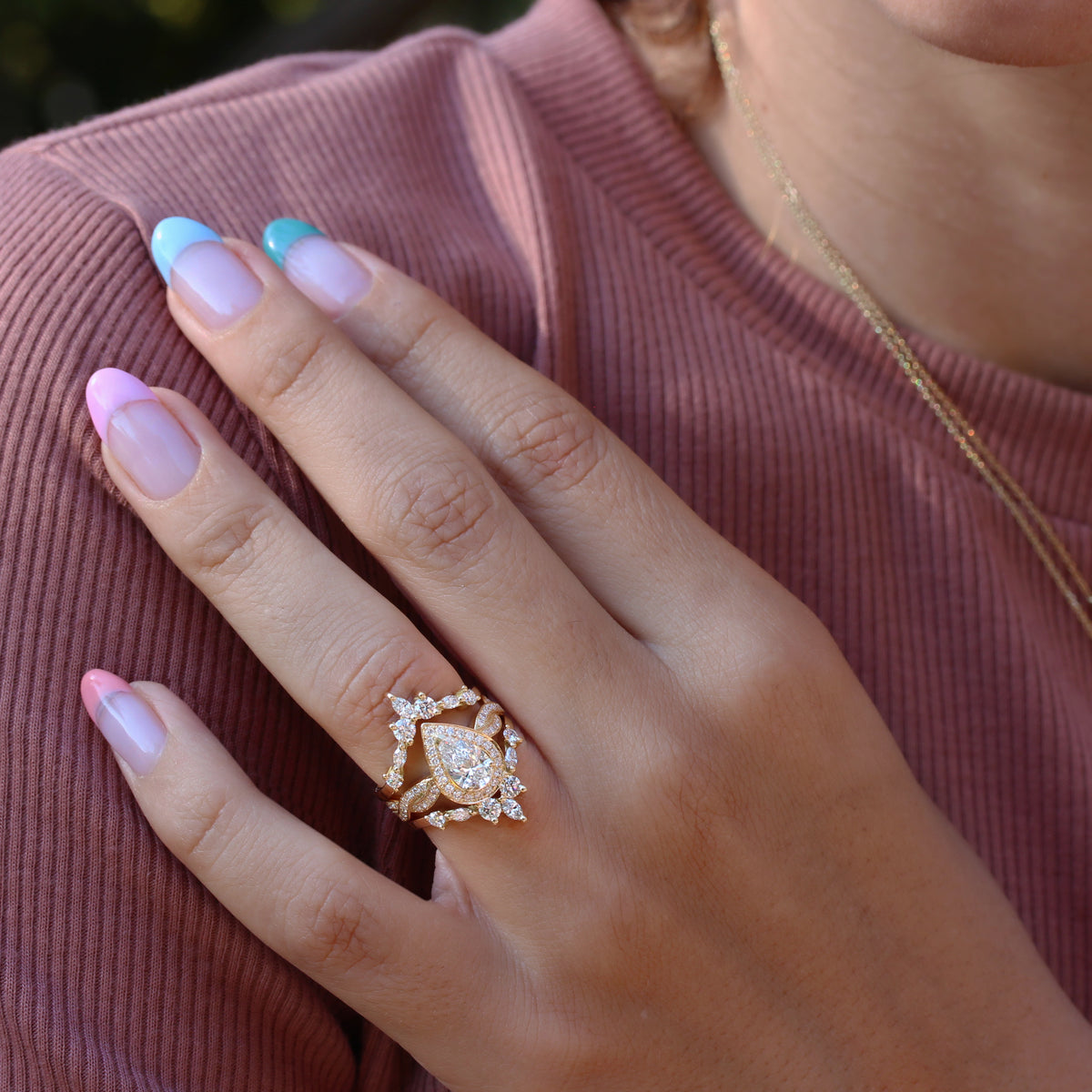Pear Diamond Infinity Twist Shank Engagement Ring & Diamond Ring guard "Zeus"