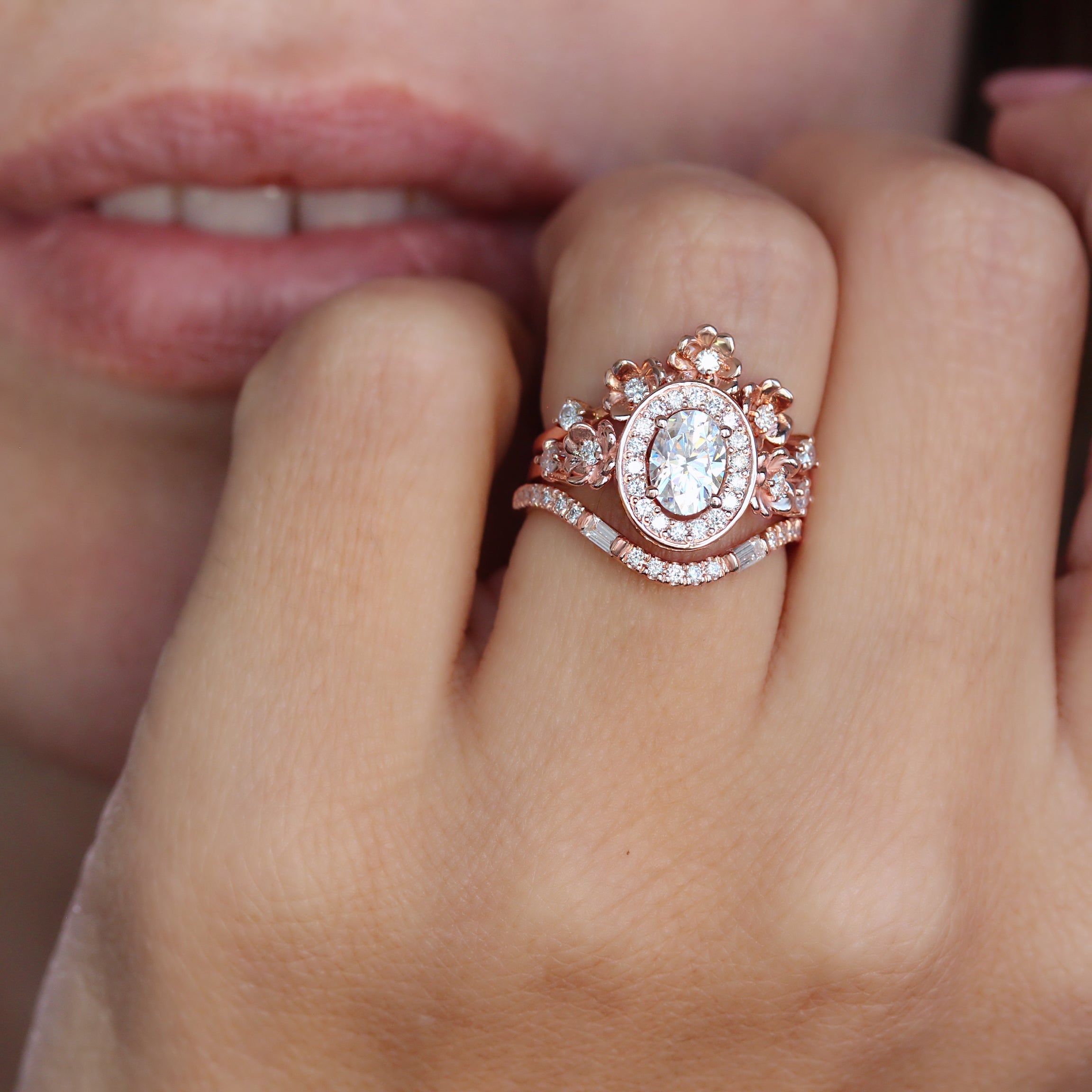 Oval diamond halo flowers engagement ring set, rose gold, Silly Shiny Diamonds