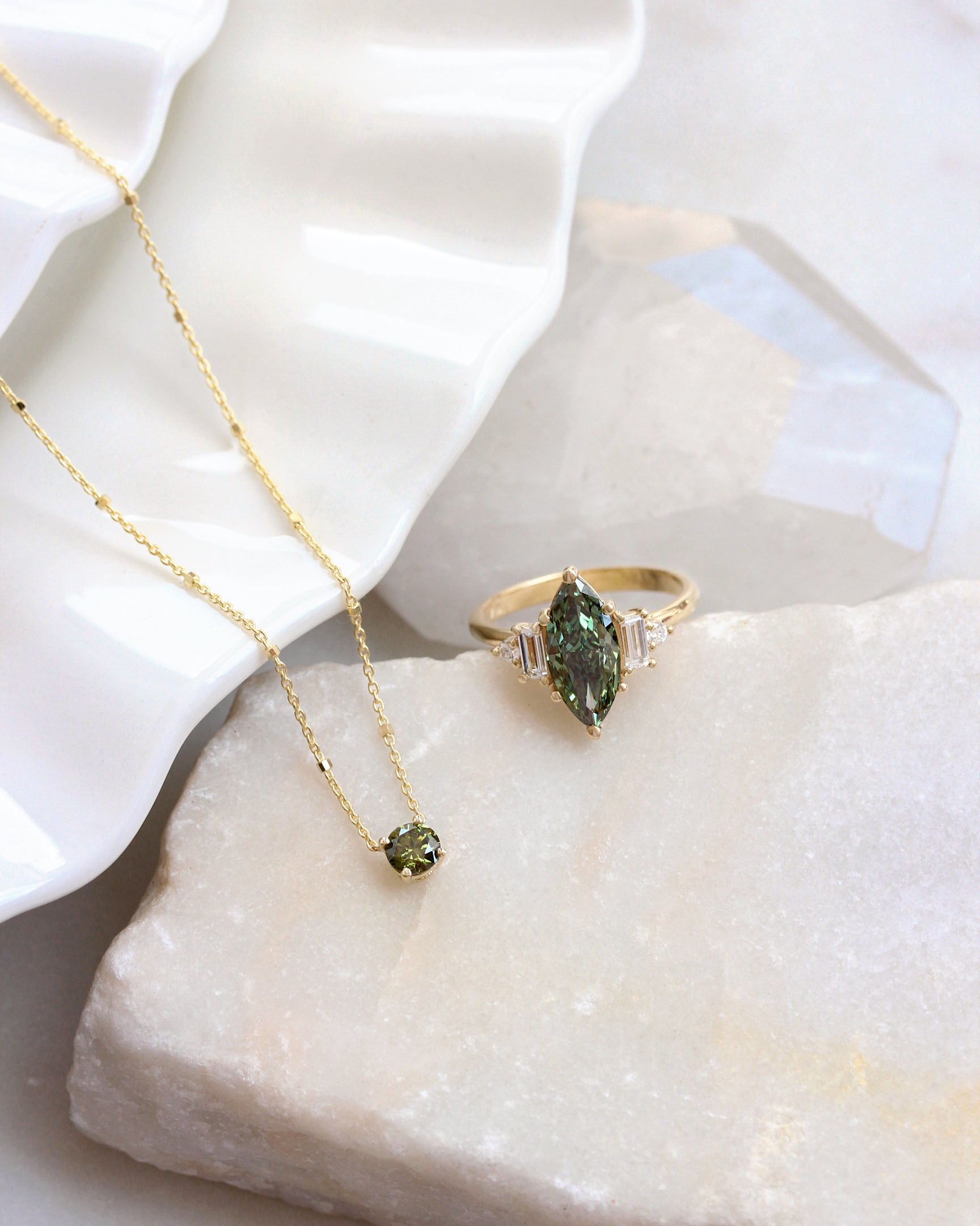 0.30CT Green Lab Diamond Round Beads Chain Necklace, charm, pendant, necklace, green, green lab diamond, round