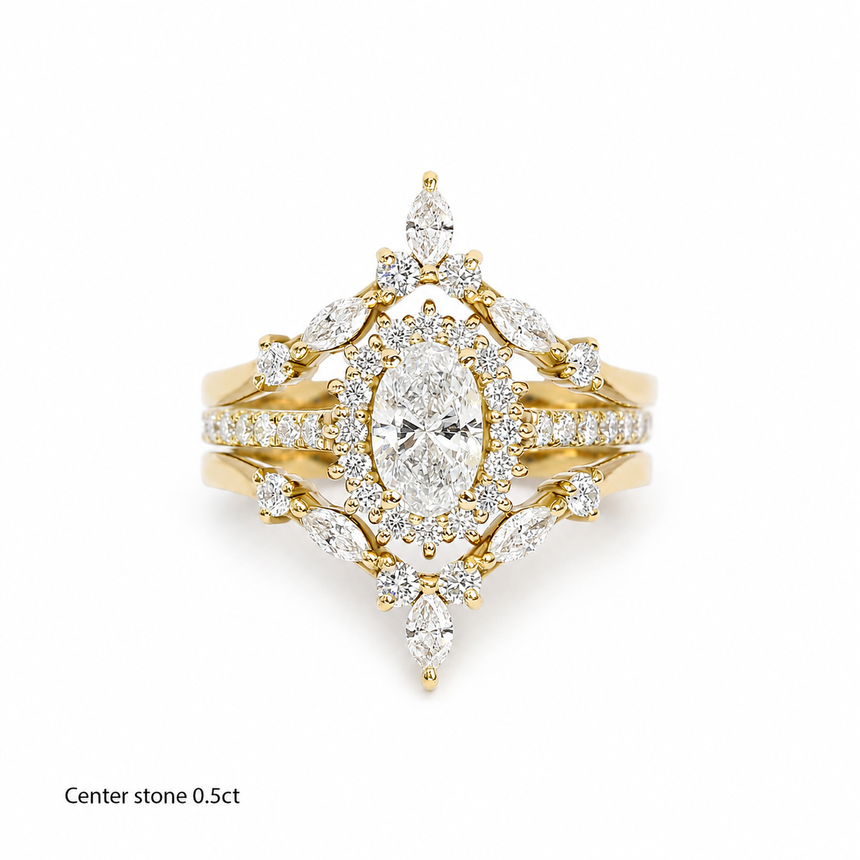 Oval Diamond Halo Engagement ring "Nia' & Two "Hermes" Nesting Bands Three Rings Set