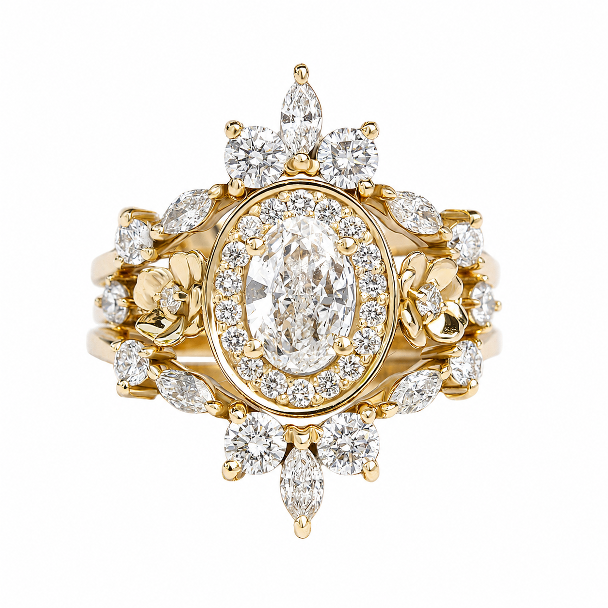 oval diamond halo and gold flowers engagement ring nature inspired, with two iceland nesting rings engagement ring set 