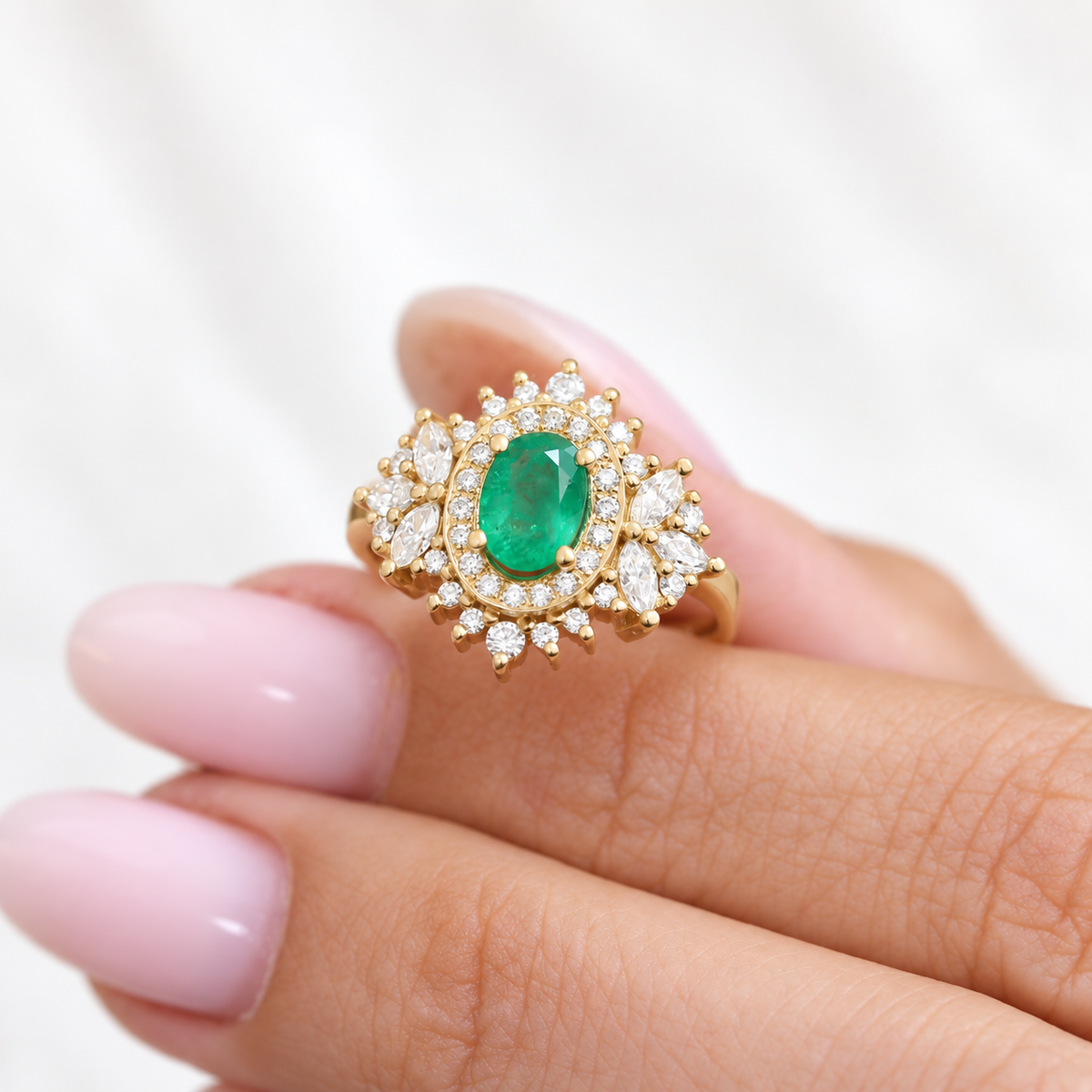 Oval Emerald Double Halo Diamond Unique Engagement Ring with Diamond Dust Ring Guard Enhancer - Monaco