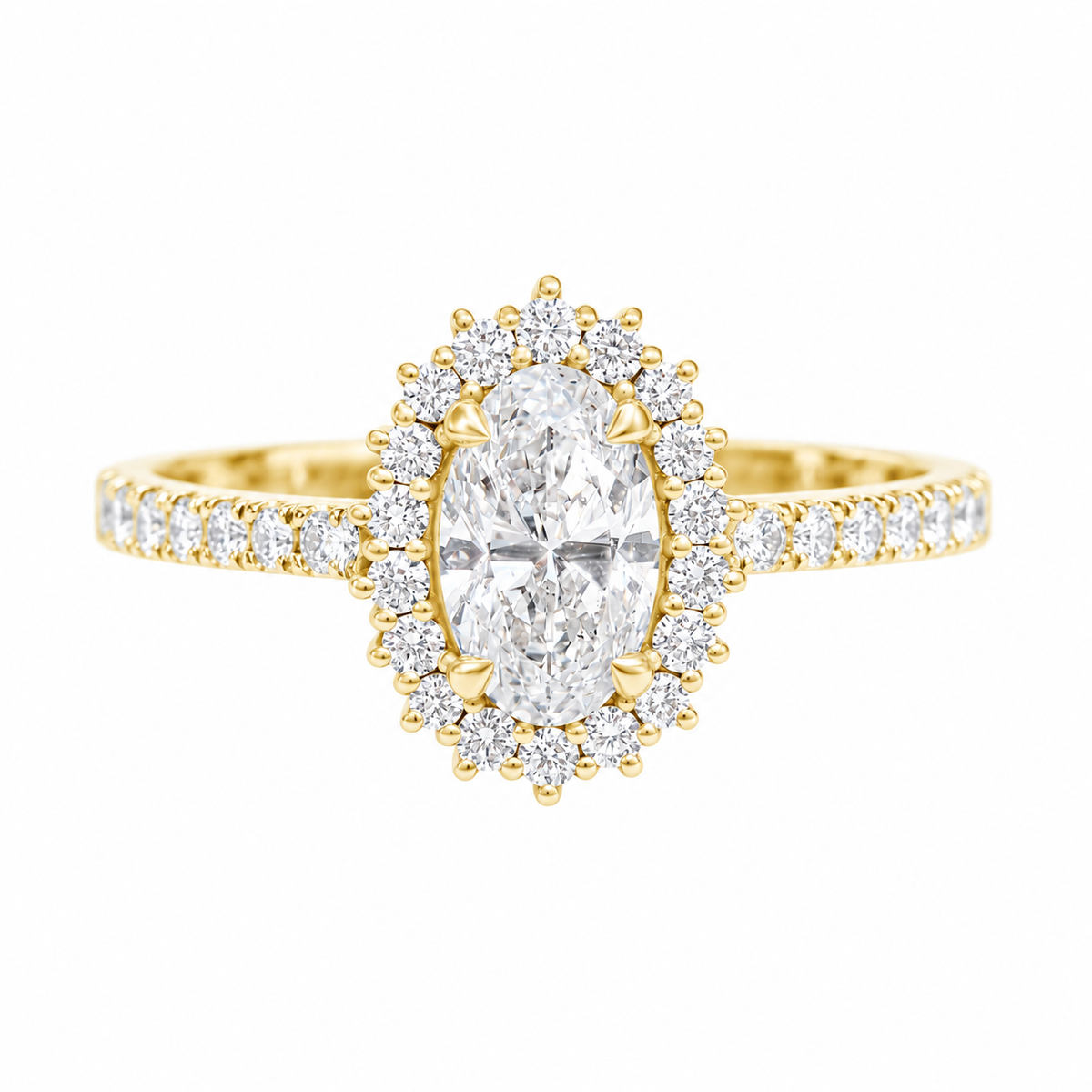 0.70ct center oval A yellow gold ring featuring an oval-cut diamond halo with a central marquise-cut diamond and smaller diamonds set along the band, shown on a plain white background.