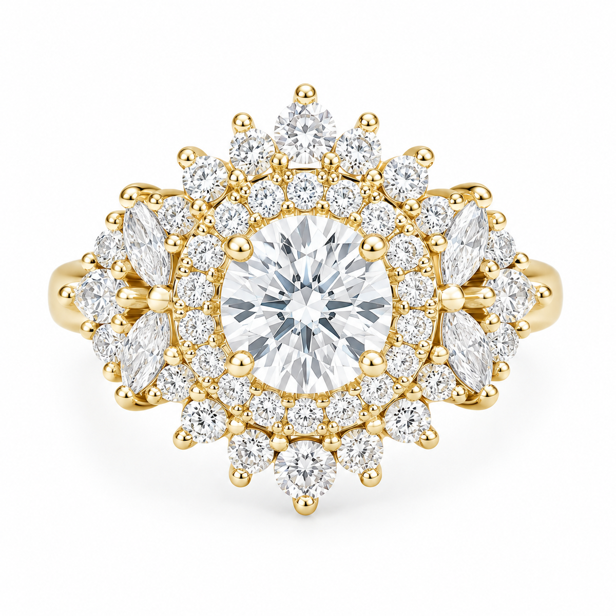 Double Halo Round Diamond Unique Statement Engagement Ring, "Monaco"