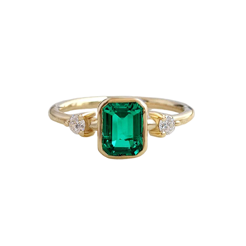 1.50CT Lab Grown Chatham Emerald Cut Diamond Ring in 14K Gold, lab grown emerald, chatam emerlad, gemstone ring, bezel setting