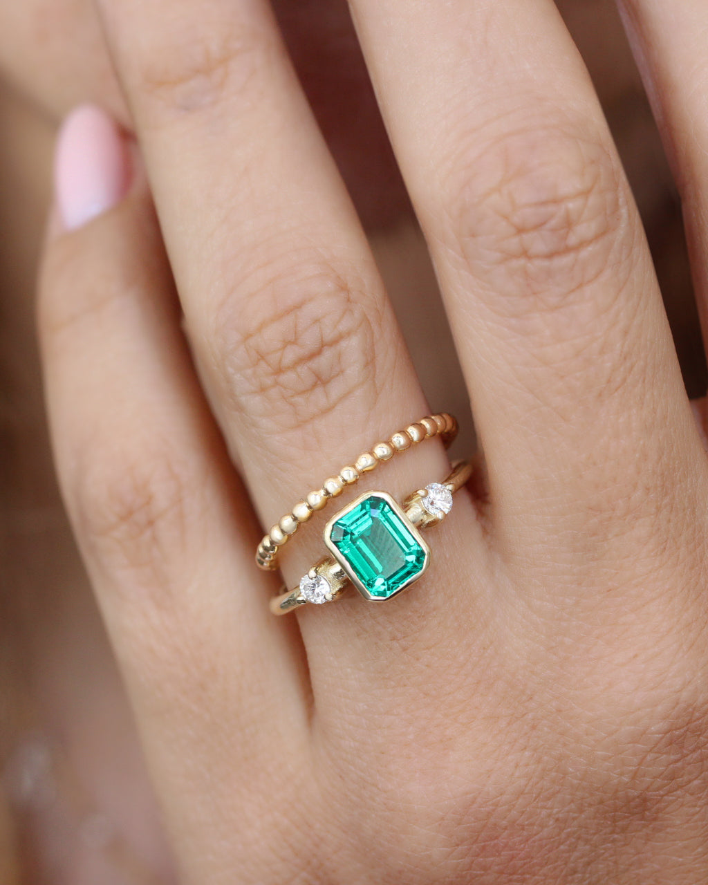 1.50CT Lab Grown Chatham Emerald Cut Diamond Ring in 14K Gold, lab grown emerald, chatam emerlad, gemstone ring, bezel setting