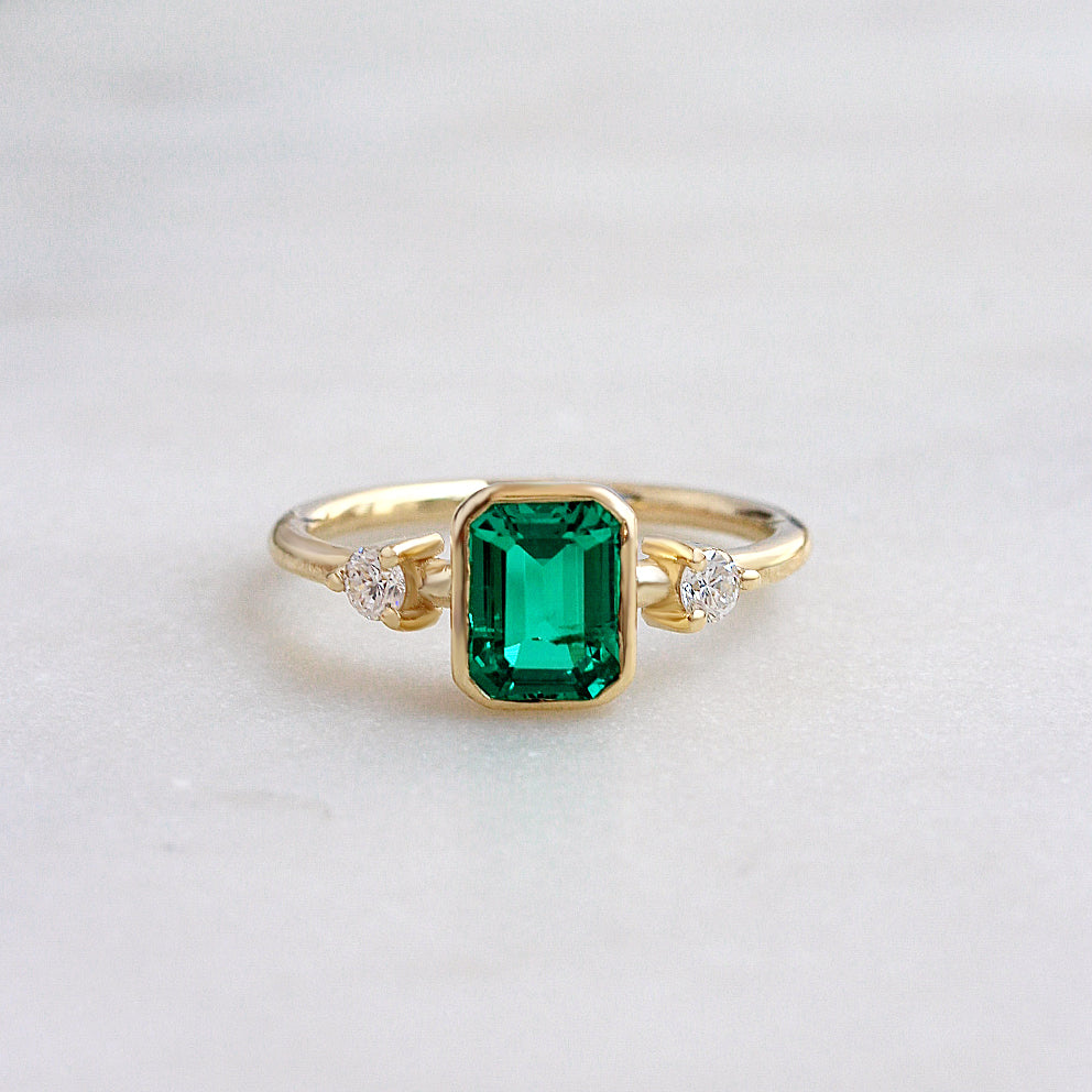 1.50CT Lab Grown Chatham Emerald Cut Diamond Ring in 14K Gold, lab grown emerald, chatam emerlad, gemstone ring, bezel setting