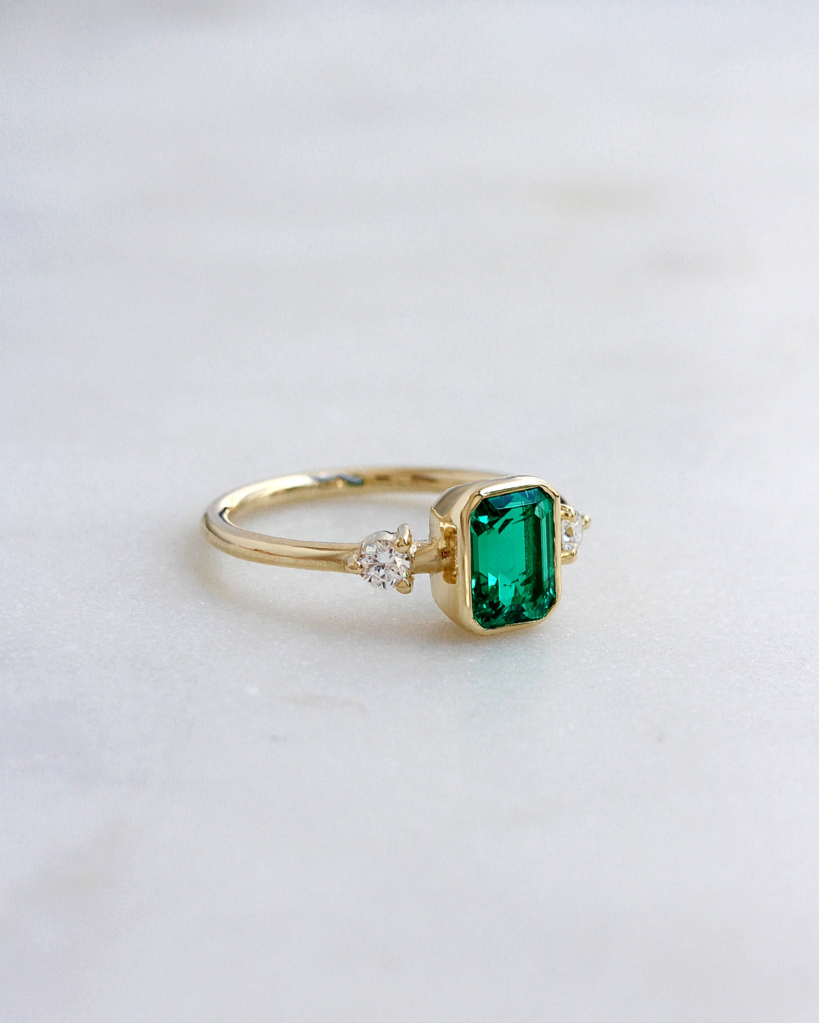 1.50CT Lab Grown Chatham Emerald Cut Diamond Ring in 14K Gold, lab grown emerald, chatam emerlad, gemstone ring, bezel setting