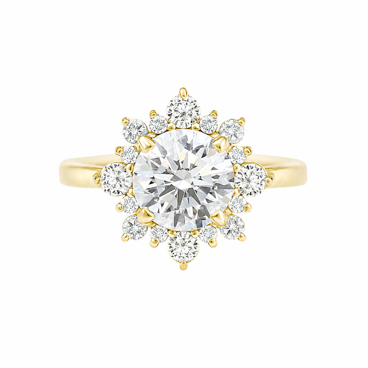 Round diamond halo unique engagement ring, "Snowflake"