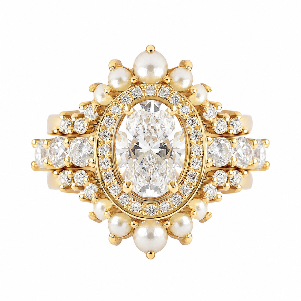 1.50ct oval diamond halo engagement ring scarlett with two pearls and diamonds nesting rings ring guard yellow gold