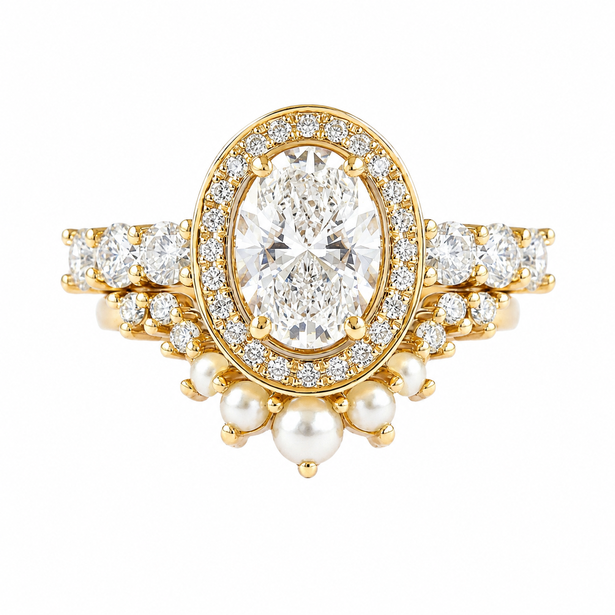 1.50ct oval diamond halo engagement ring scarlett with one pearls and diamonds nesting ringyellow gold