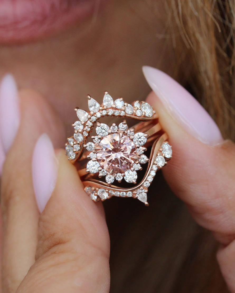 1.5CT Vivid Pink Round Lab diamond halo unique engagement ring, "Snowflake"