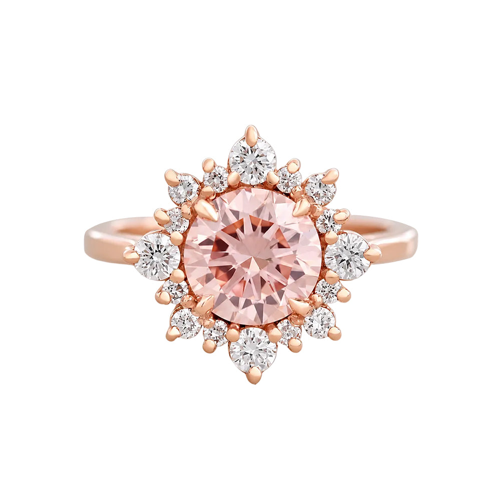 1.5CT Vivid Pink Round Lab diamond halo unique engagement ring, Snowflake, vivid pink lab diamond, fancy color diamond engagement ring, snowflake, rose gold 