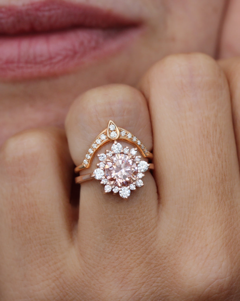 1.5CT Vivid Pink Round Lab diamond halo unique engagement ring, "Snowflake"