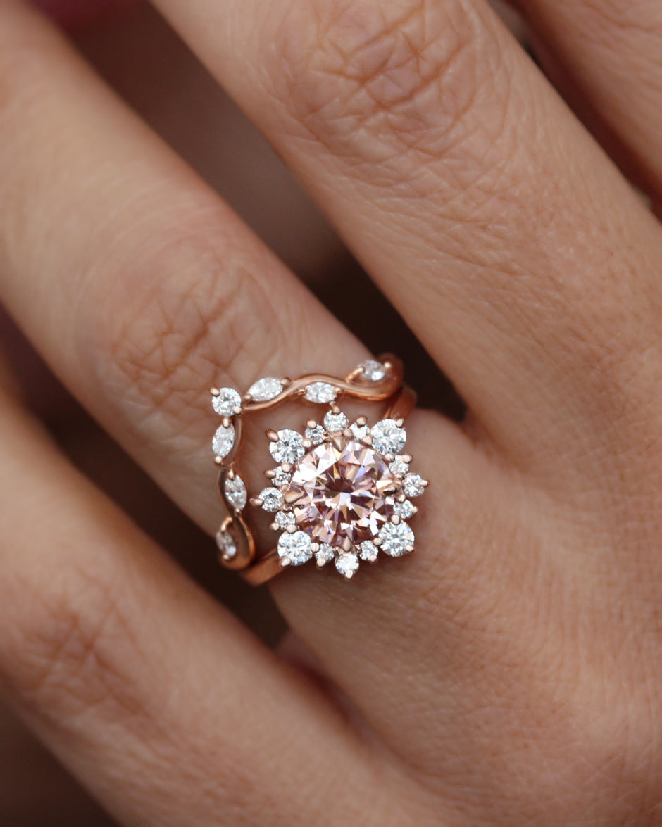 1.5CT Vivid Pink Round Lab diamond halo unique engagement ring, "Snowflake"