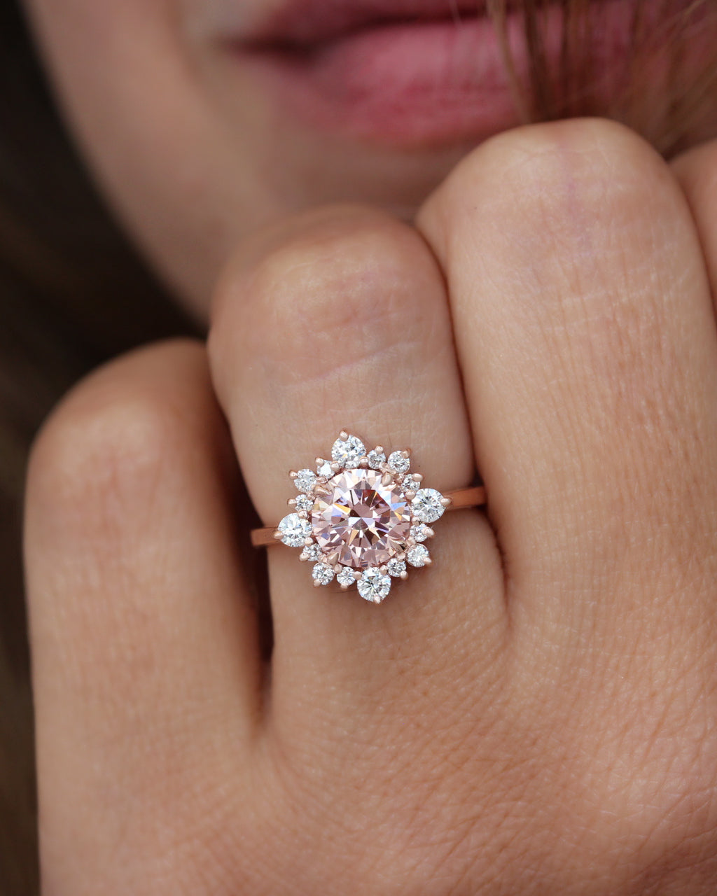 1.5CT Vivid Pink Round Lab diamond halo unique engagement ring, "Snowflake"