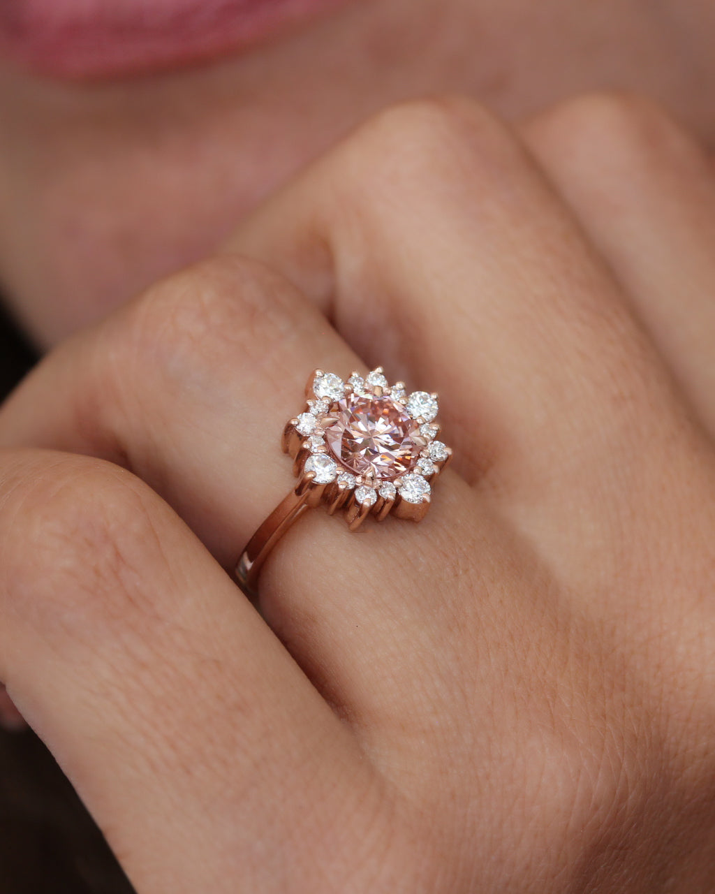 1.5CT Vivid Pink Round Lab diamond halo unique engagement ring, "Snowflake"