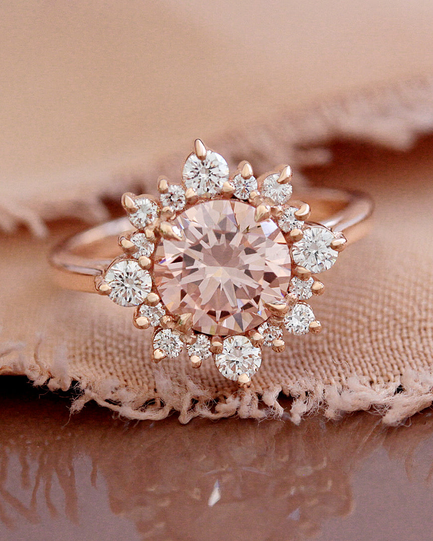 1.5CT Vivid Pink Round Lab diamond halo unique engagement ring, "Snowflake"