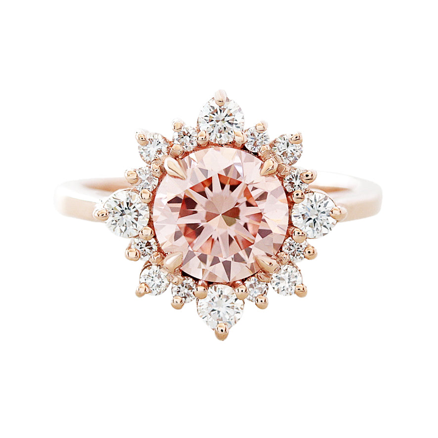 1.5CT Vivid Pink Round Lab diamond halo unique engagement ring, "Snowflake"
