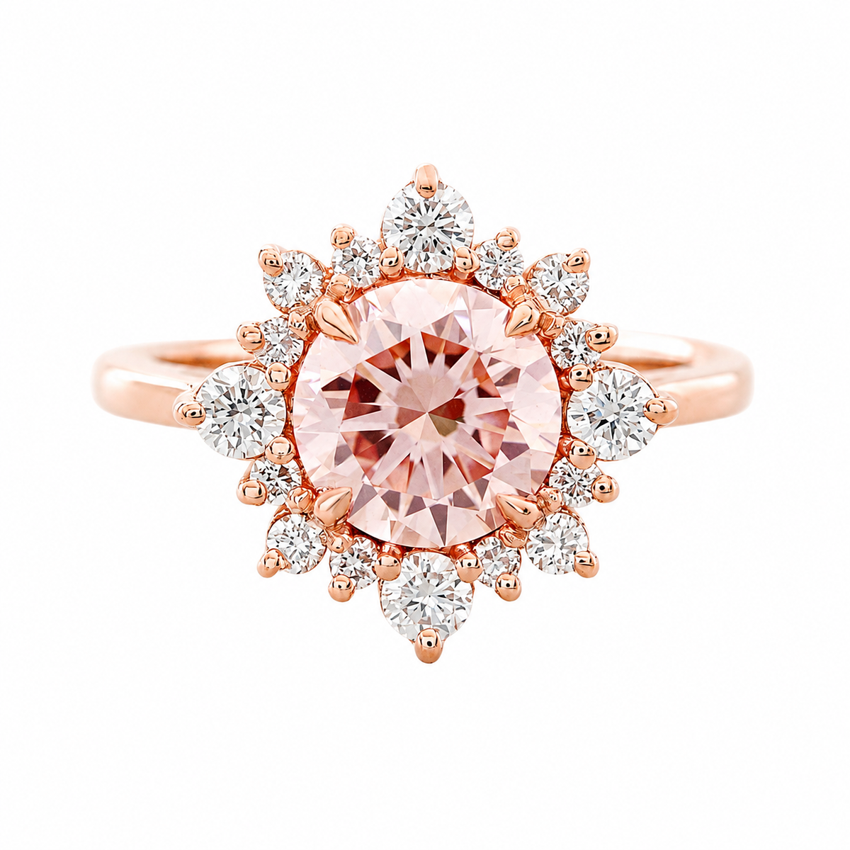 1.5CT Vivid Pink Round Lab diamond halo unique engagement ring, "Snowflake"