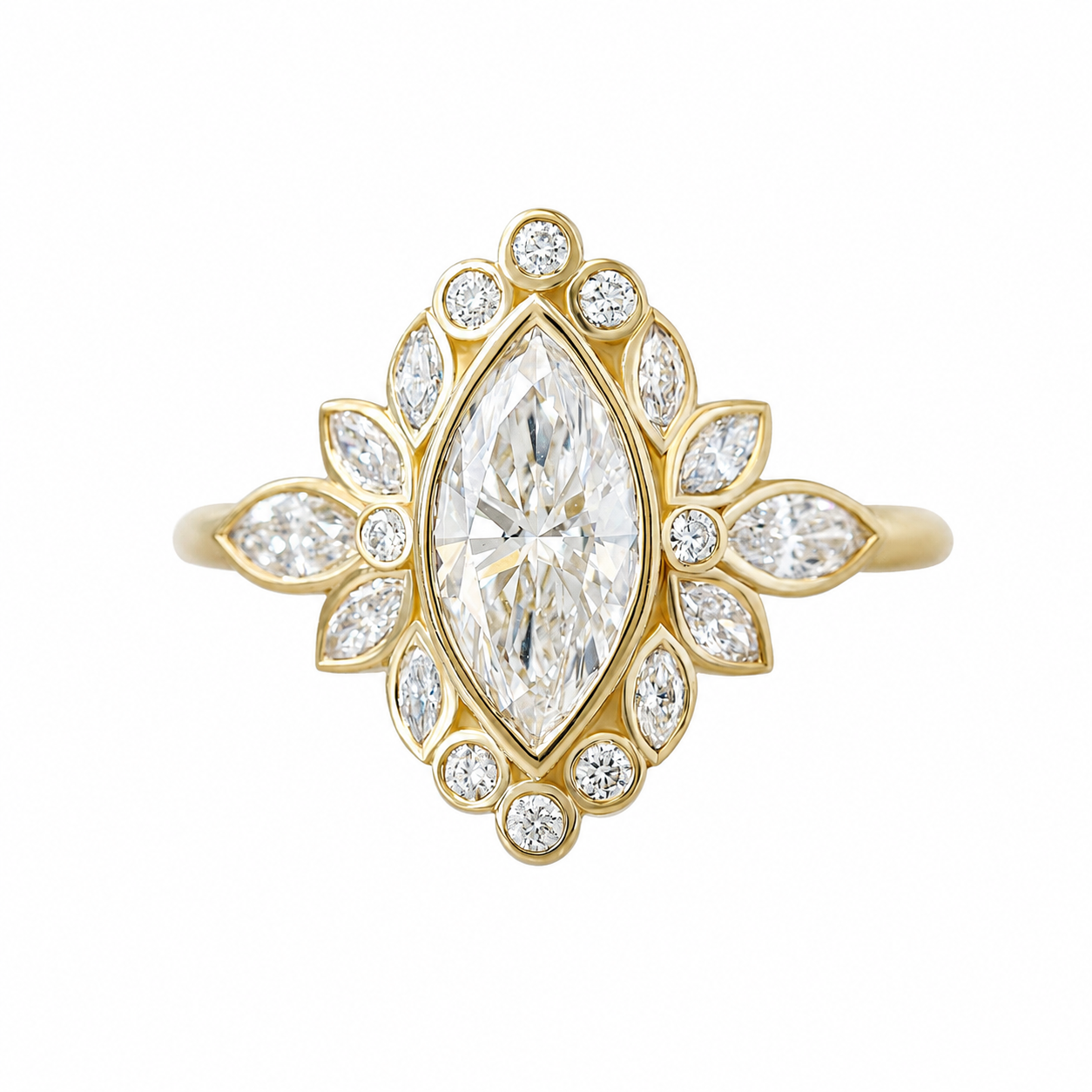 1.5CT marquise diamond bezel setting unique engagement ring yellow gold Alicent