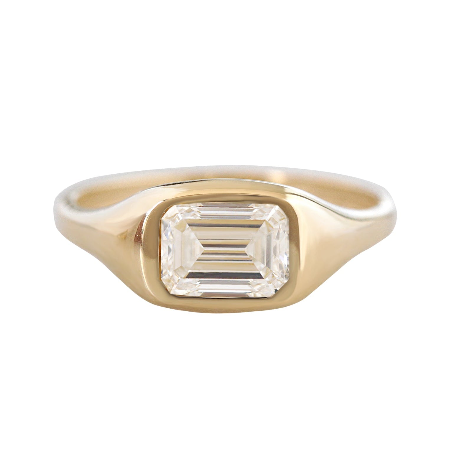 1.5 carat emerald cut diamond, east west setting, signet ring, bold gold engagement ring,, chunky engagement ring, unisex ring, men ring