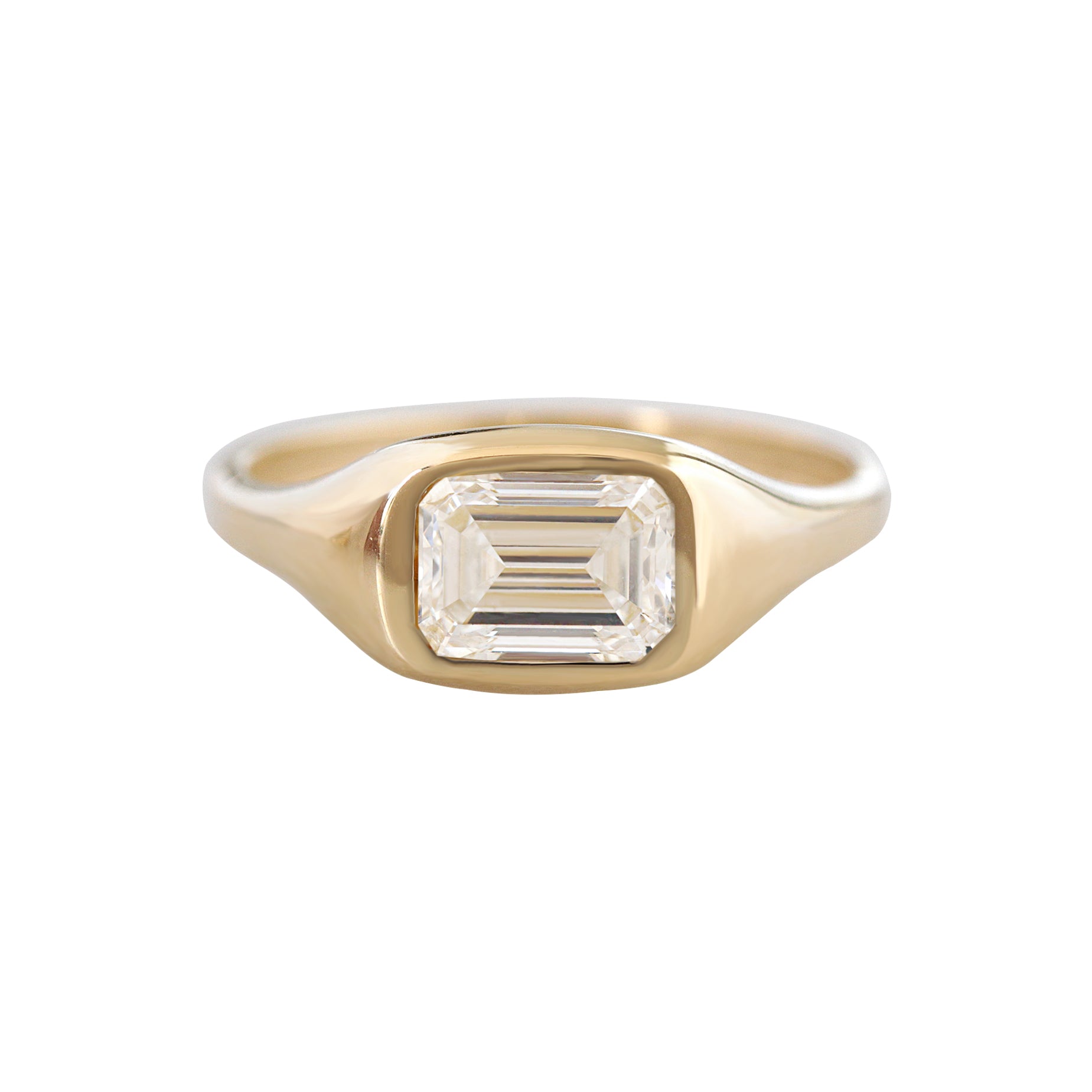 1.5 carat emerald cut diamond, east west setting, signet ring, bold gold engagement ring,, chunky engagement ring, unisex ring, men ring