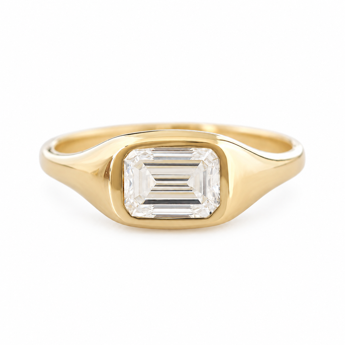 1.5 carat emerald cut diamond, east west setting, signet ring, bold gold engagement ring,, chunky engagement ring, unisex ring, men ring
