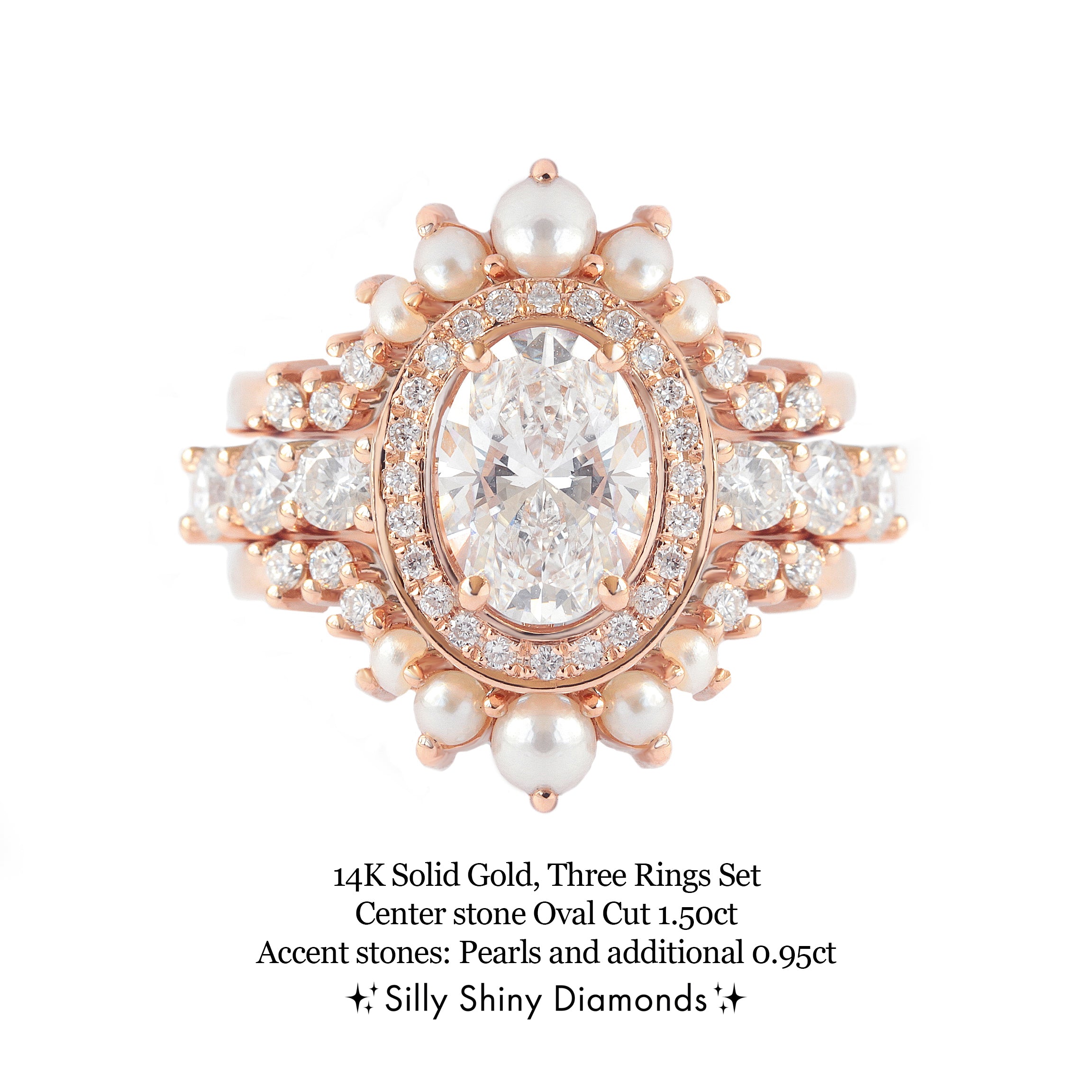 Oval Diamond Halo 1.5ct Engagement Ring Scarlett pearls and two diamond nesting ring rose gold 