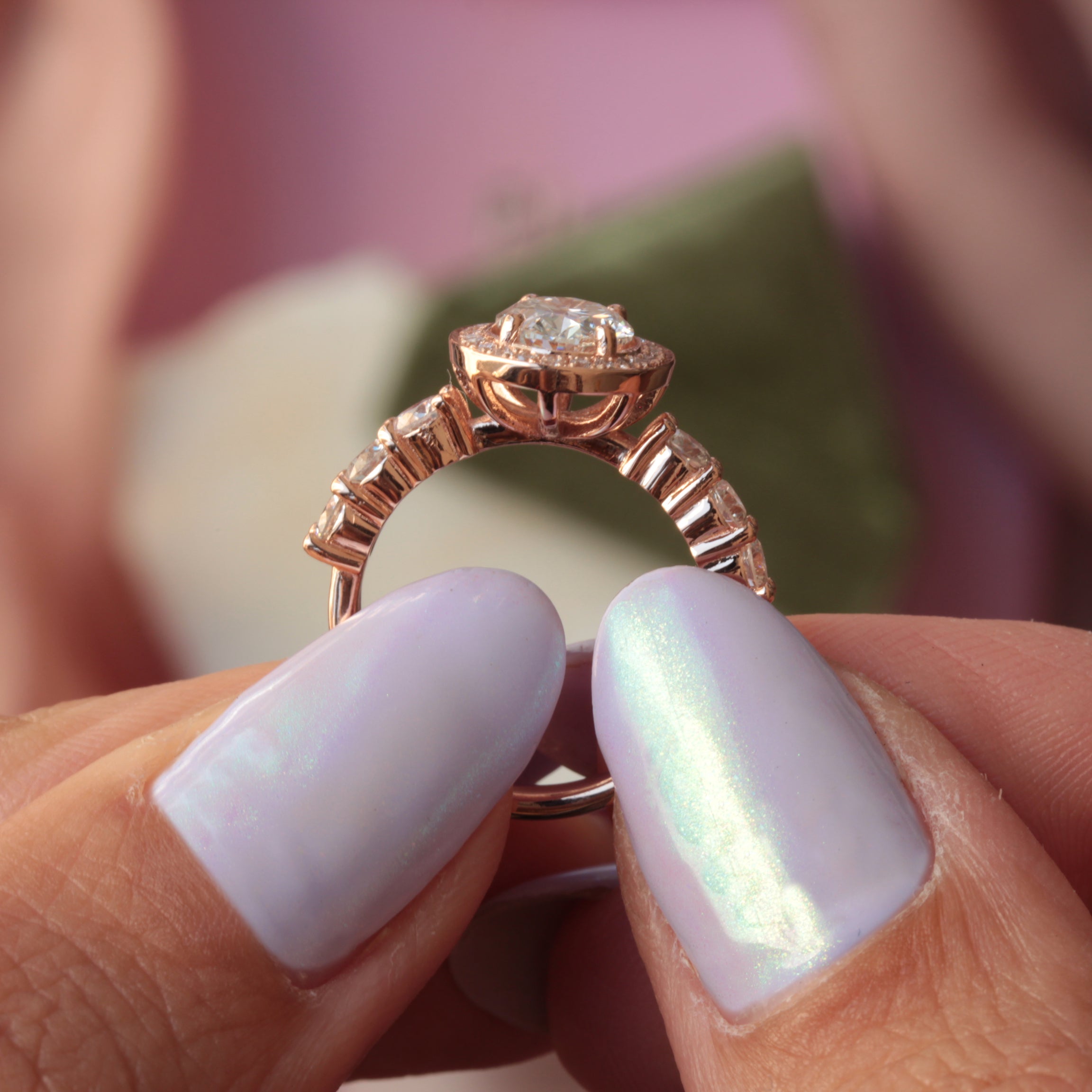 Oval Diamond Halo 1.5ct Engagement Ring Scarlett pearls and two diamond nesting ring rose gold 