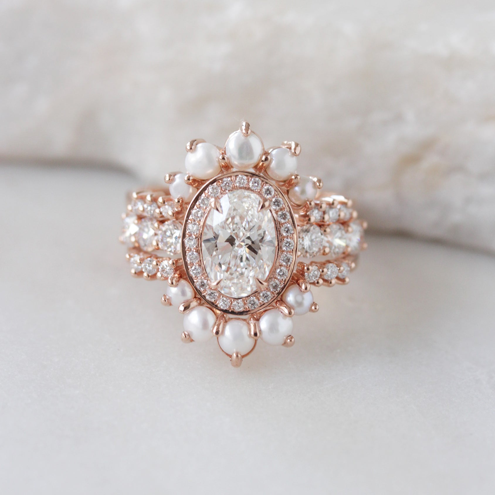 Oval Halo Diamond Engagement Ring with Pearl Nesting Band Wedding Rings Set Scarlett