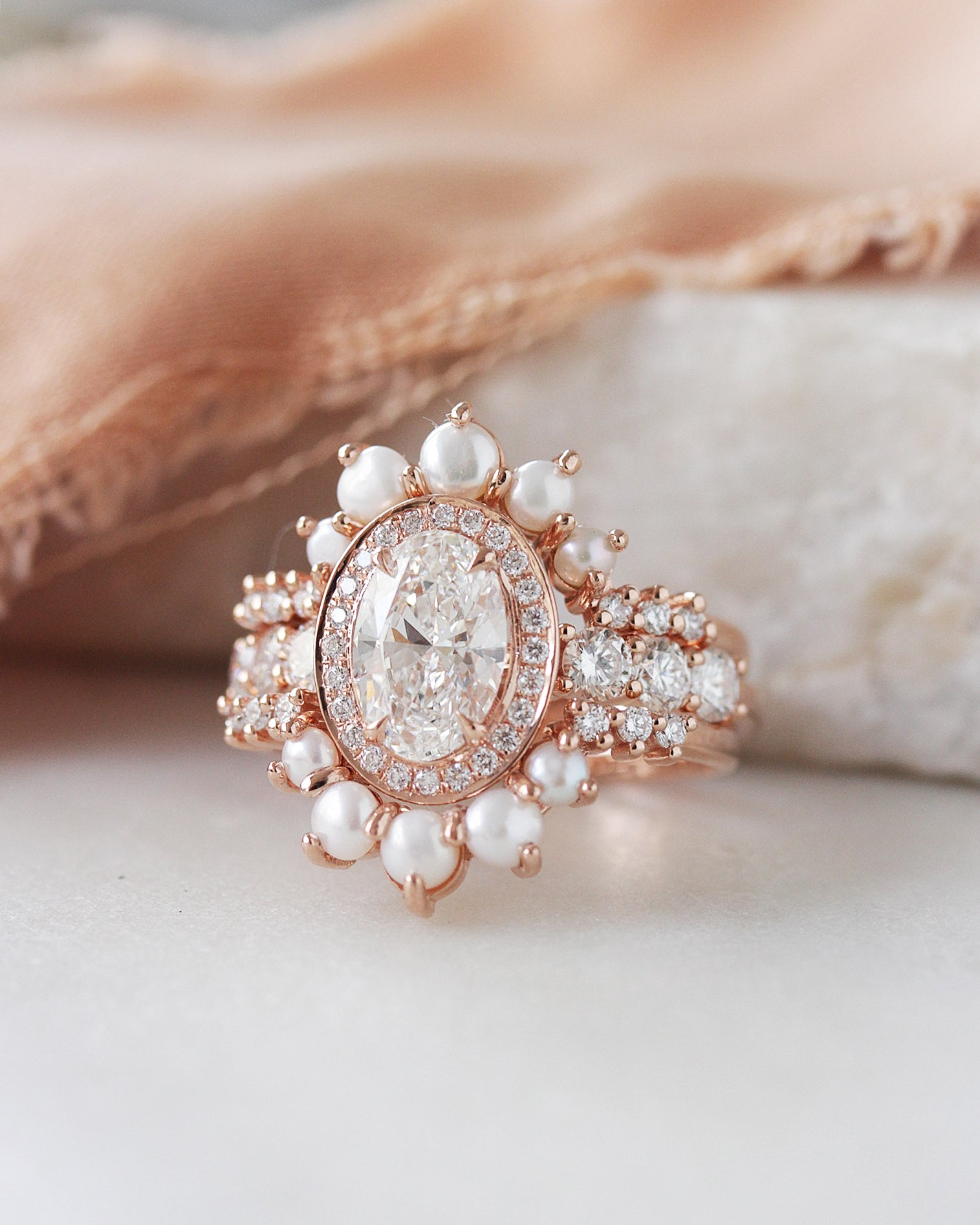 Oval Halo Diamond Engagement Ring with Pearl Nesting Band Wedding Rings Set Scarlett