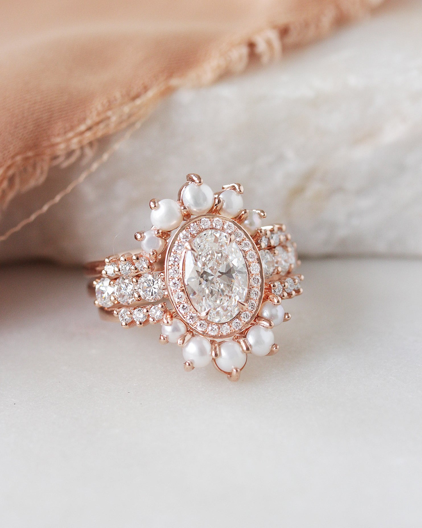 Oval Halo Diamond Engagement Ring with Pearl Nesting Band Wedding Rings Set Scarlett