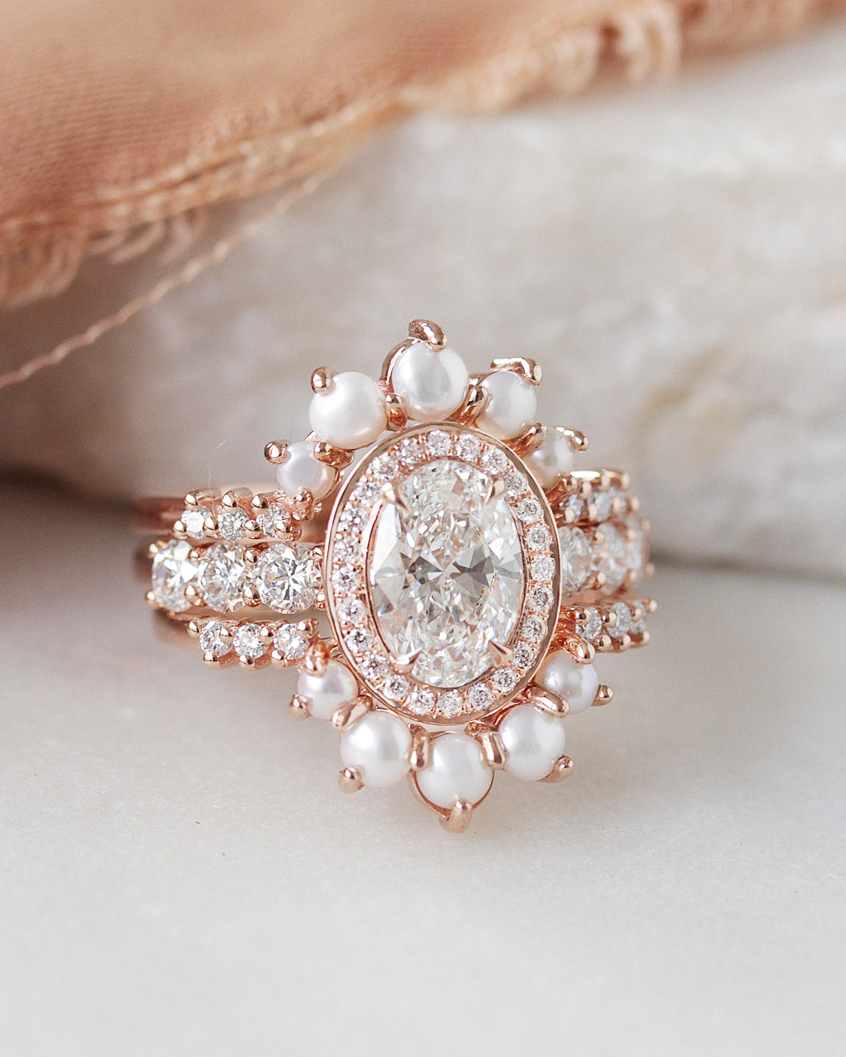 Oval Halo Diamond Engagement Ring with Pearl Nesting Band Wedding Rings Set Scarlett