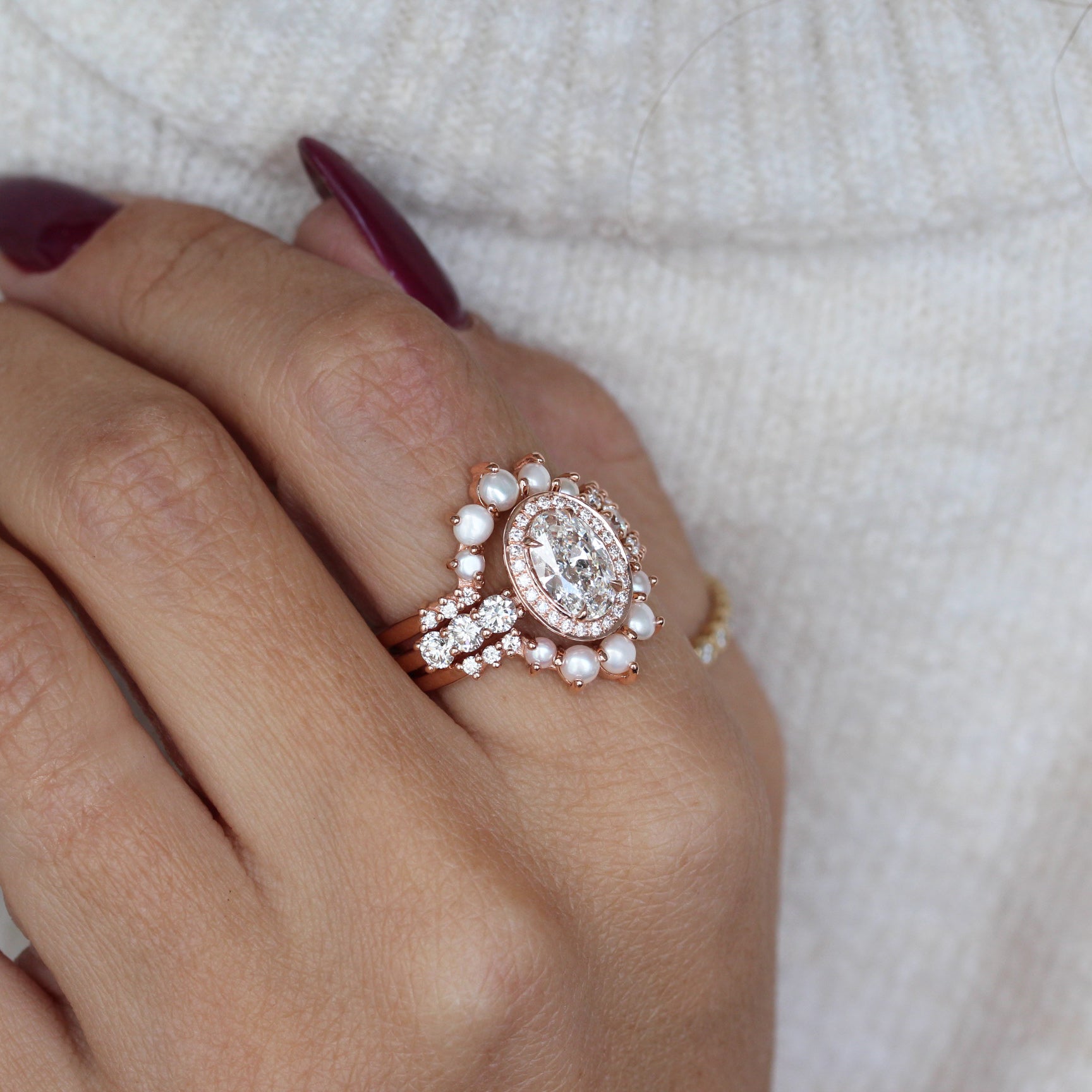 Oval Halo Diamond Engagement Ring with Pearl Nesting Band Wedding Rings Set Scarlett