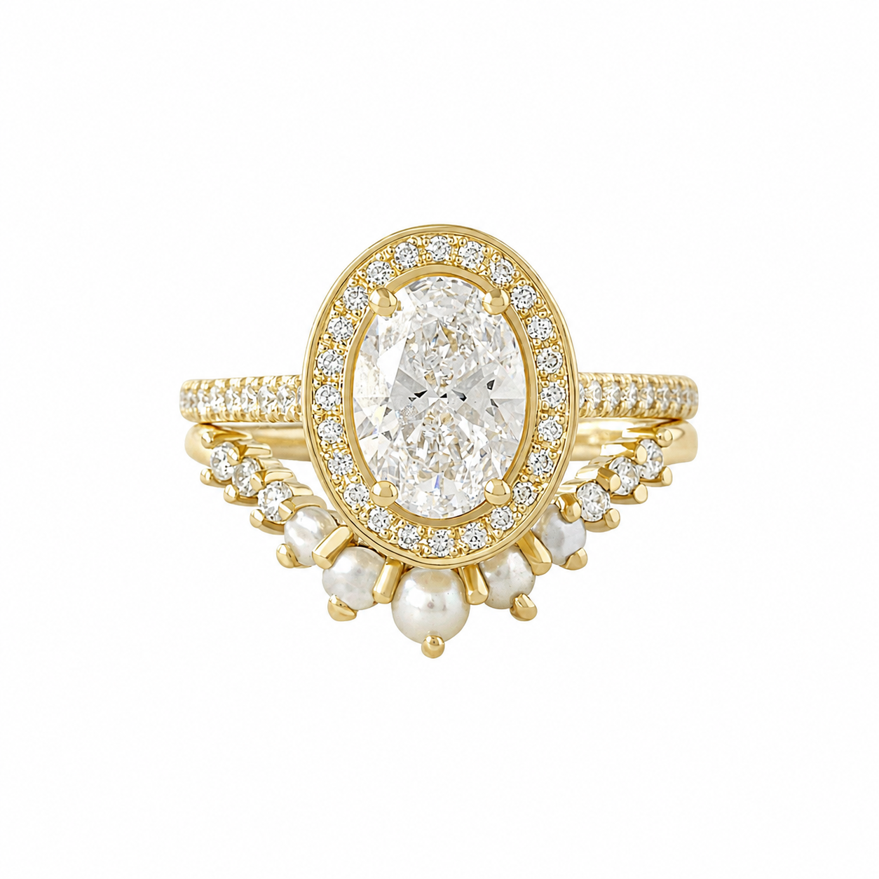 Oval Diamond Halo Engagement Ring with Matching Pearls and Diamonds Curved Nesting Ring, Engagement Ring Set