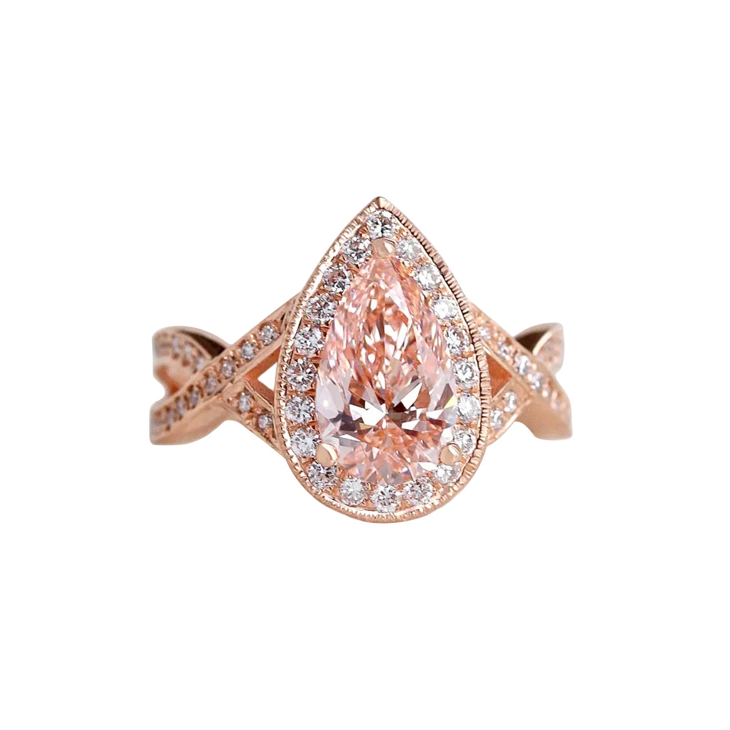 1.5ct Pink Pear Lab Diamond Halo Engagement Ring Twist Band, pear shape, pink lab grown diamond, 1.5ct, diamond halo, diamond twist band, milgrin setting