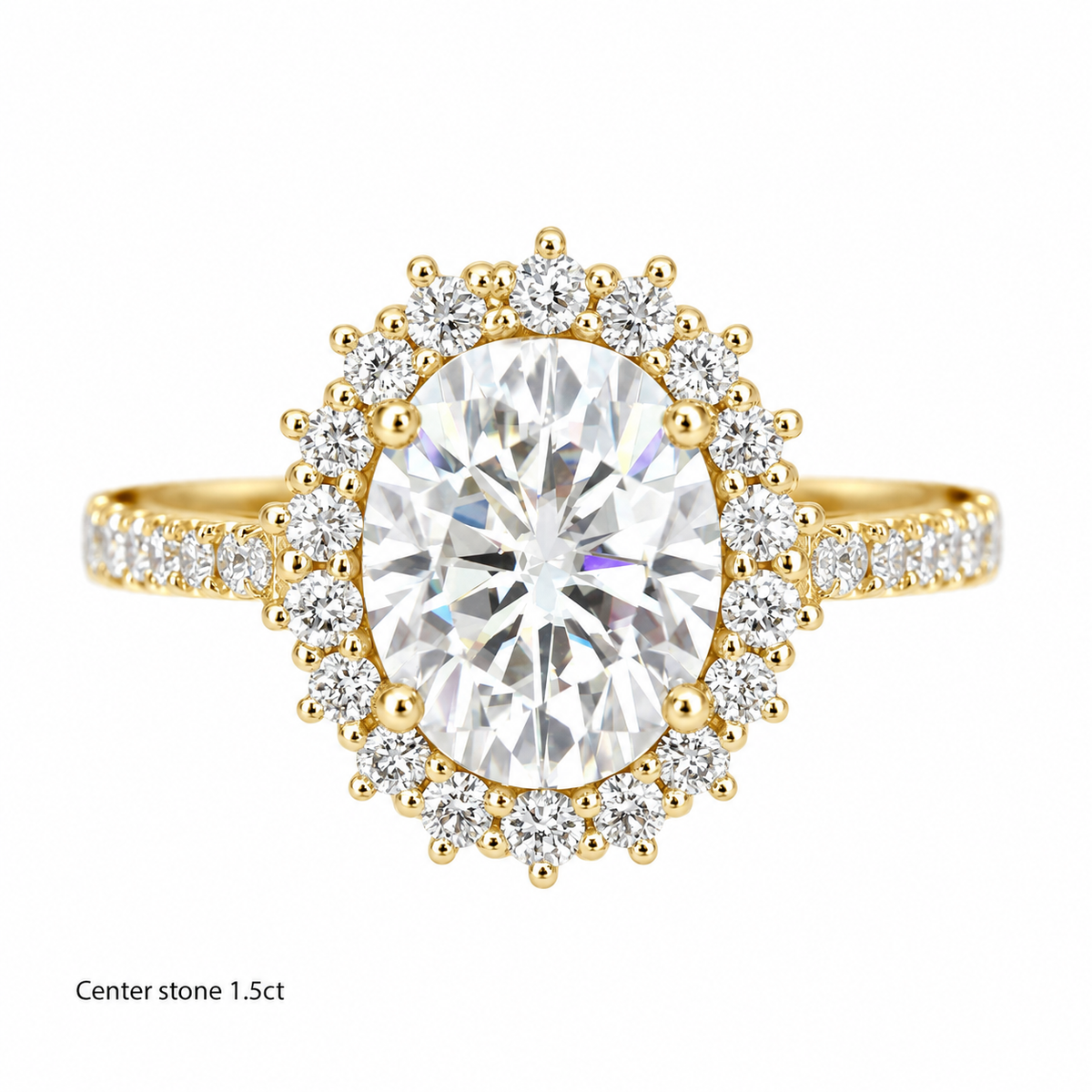 1.50ct oval diamond halo engagement ring A yellow gold halo ring featuring a large oval center stone surrounded by a double halo of round diamonds, with diamond-set shoulders on a white background. Text in the bottom-left corner reads 'Center stone 1.