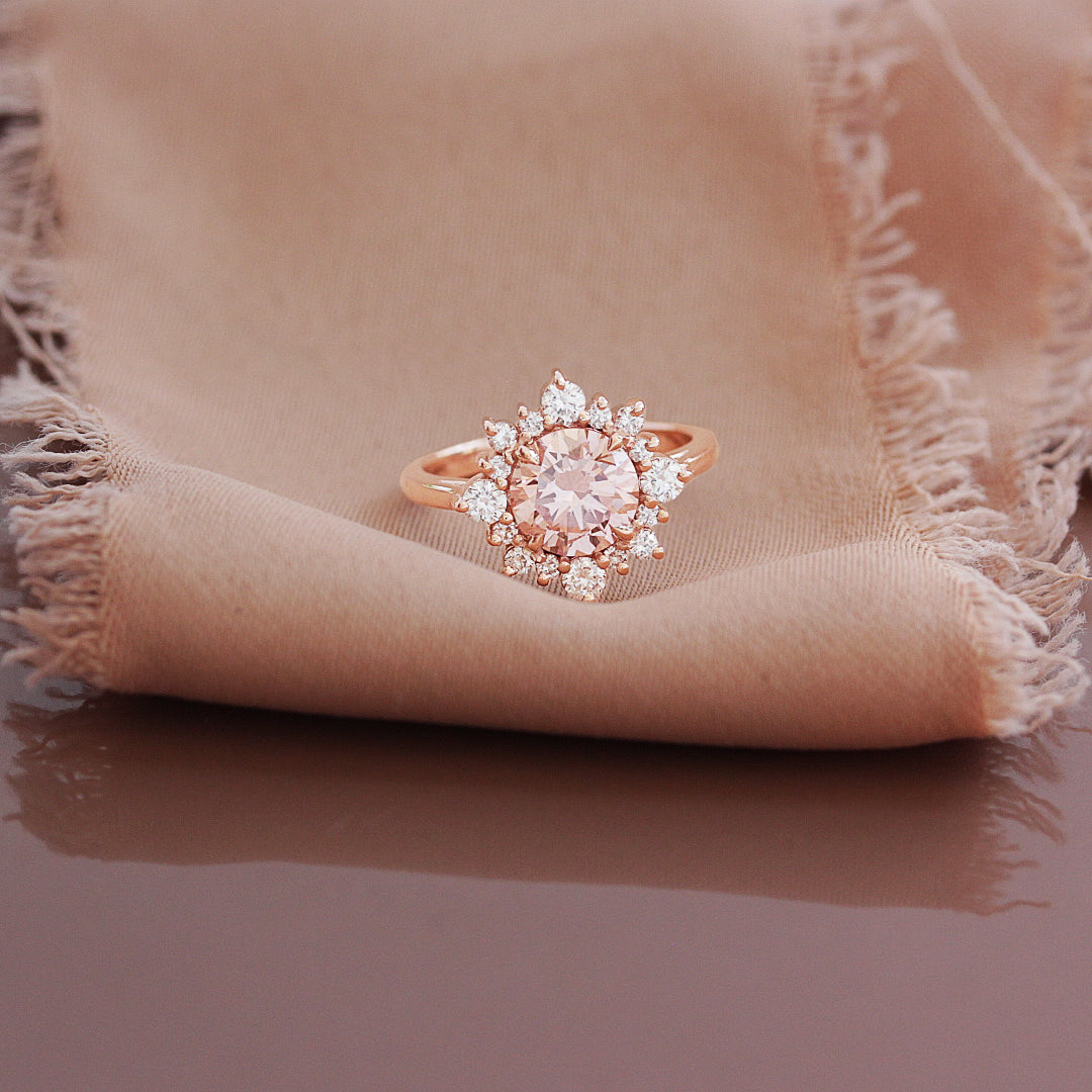 1.5CT Vivid Pink Round Lab diamond halo unique engagement ring, "Snowflake"