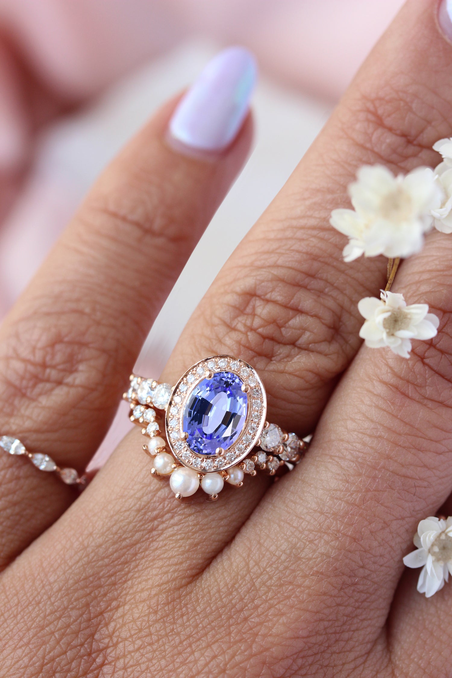 Oval Tanzanite Diamond and Pearls Wedding Three Rings Set Scarlett ♥