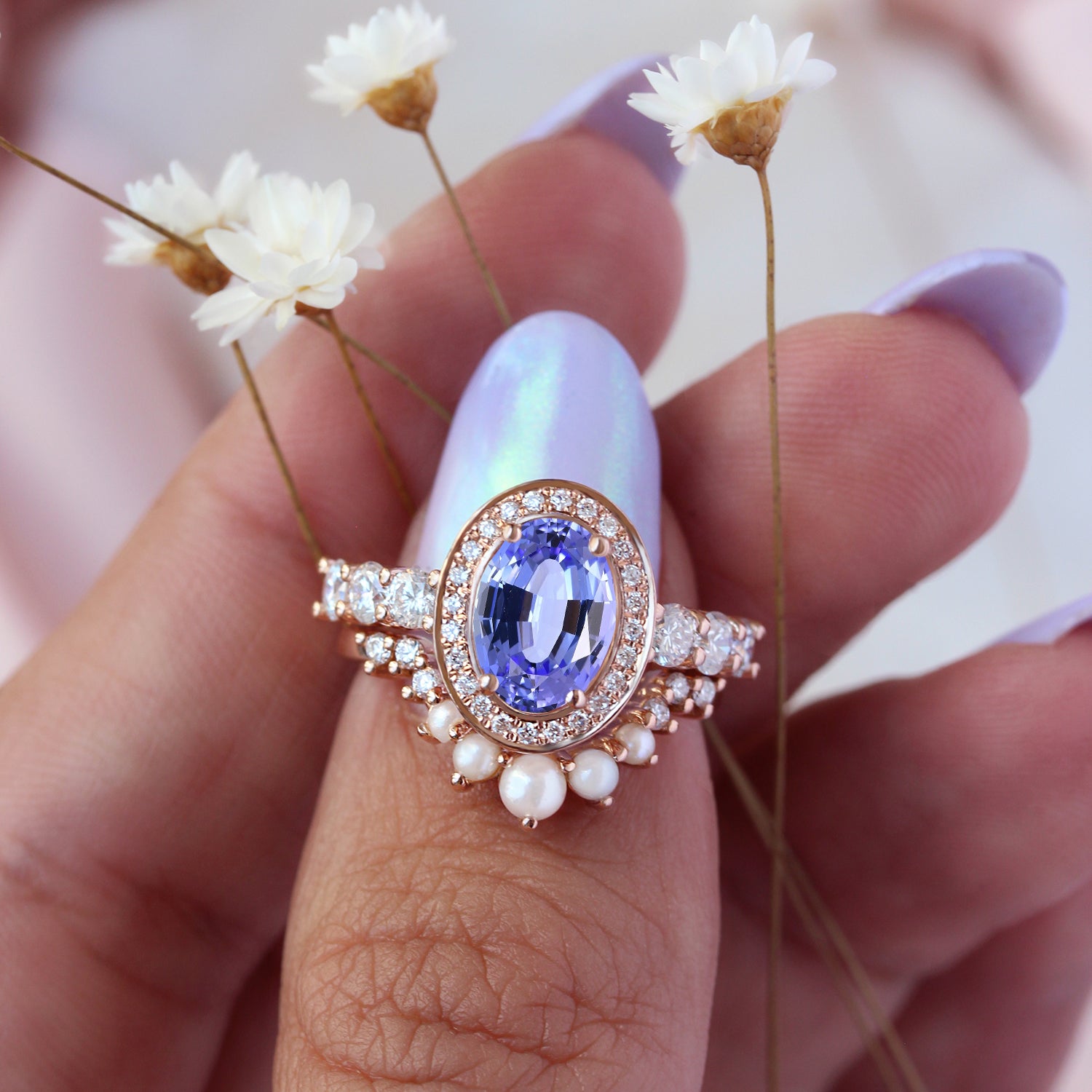 Oval Tanzanite, Diamond and Pearls, Wedding Three Rings Set, Scarlett ♥