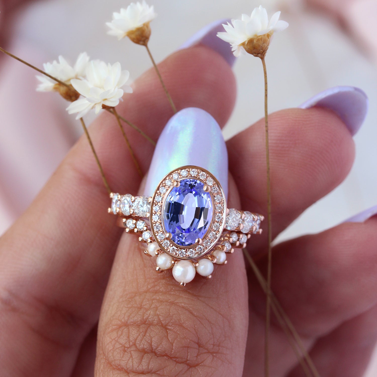 Oval Tanzanite Diamond and Pearls Wedding Three Rings Set - Scarlett ♥