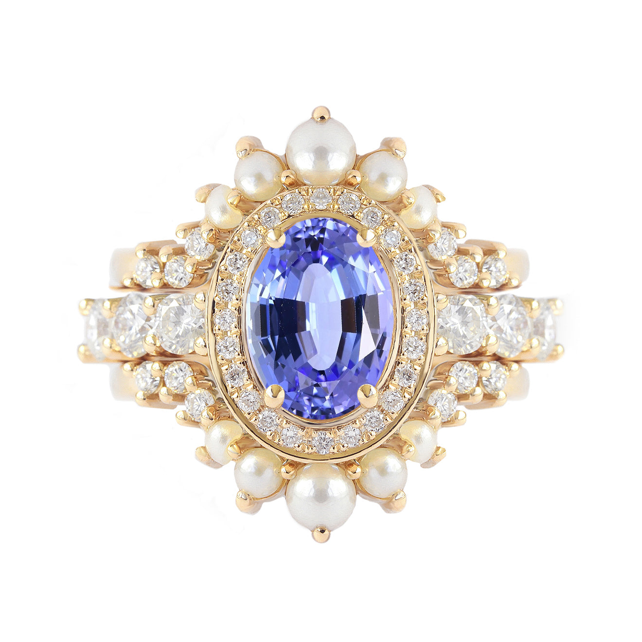 Oval Tanzanite Diamond and Pearls Wedding Three Rings Set - Scarlett ♥