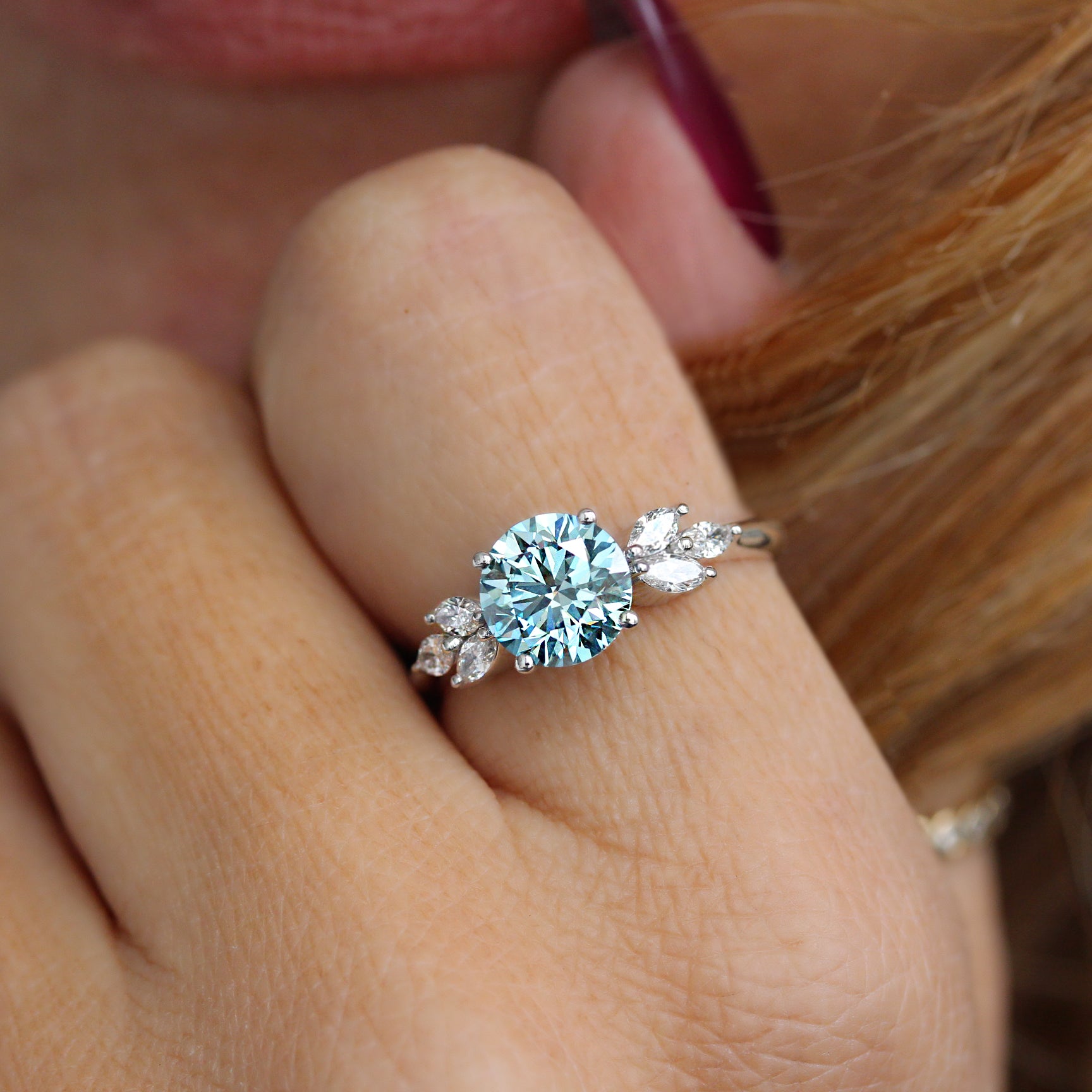 1.75 Carat Blue Lab Diamond Engagement Ring, Penelope, blue lab diamond, round diamond, marquise diamonds, gold