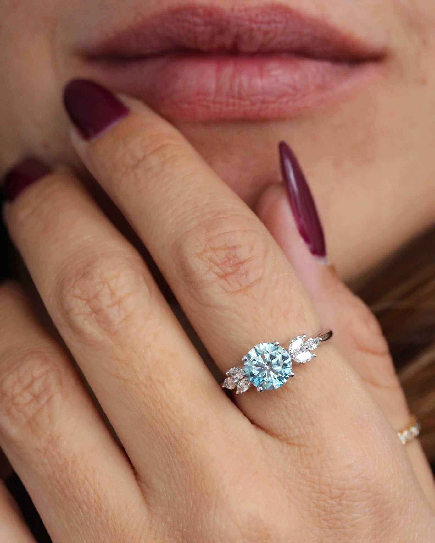 1.75 Carat Blue Lab Diamond Engagement Ring, Penelope, blue lab diamond, round diamond, marquise diamonds, gold