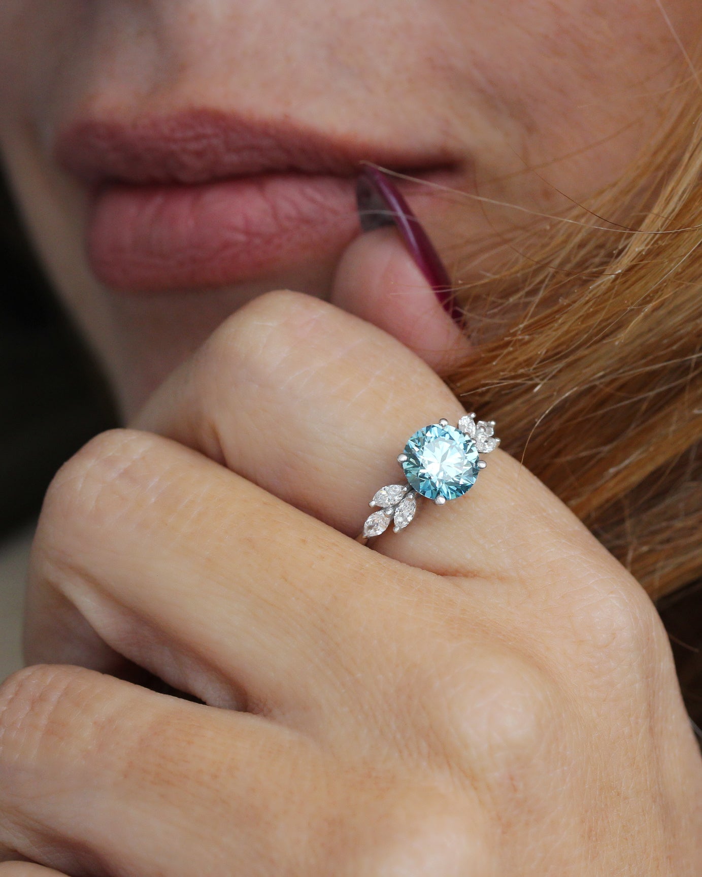 1.75 Carat Blue Lab Diamond Engagement Ring, Penelope, blue lab diamond, round diamond, marquise diamonds, gold