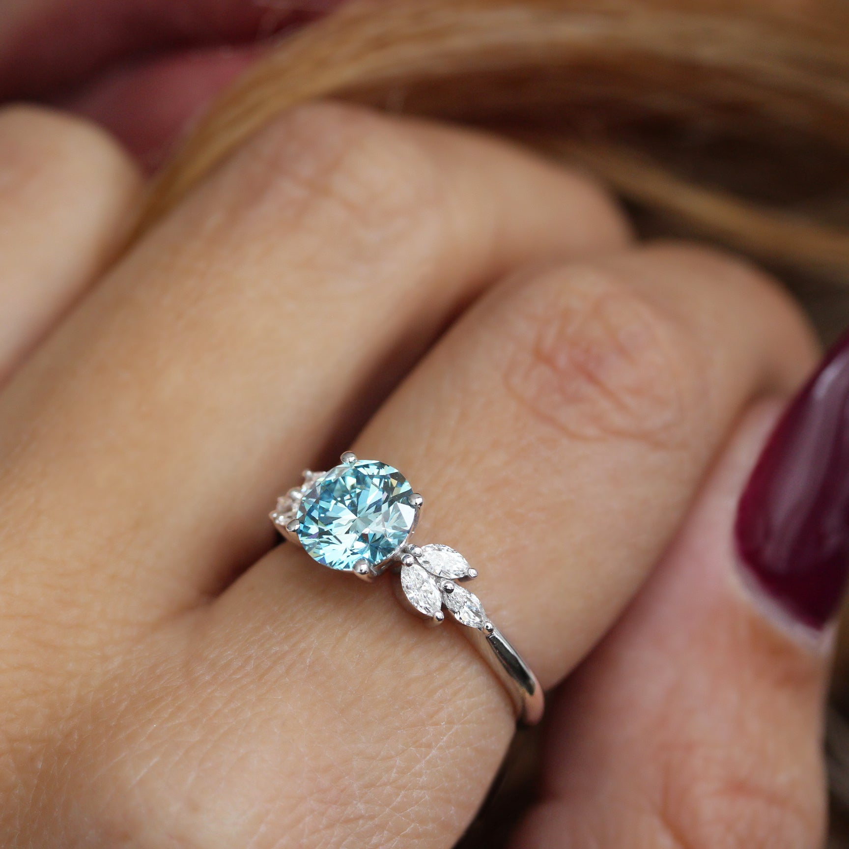 1.75 Carat Blue Lab Diamond Engagement Ring, Penelope, blue lab diamond, round diamond, marquise diamonds, gold