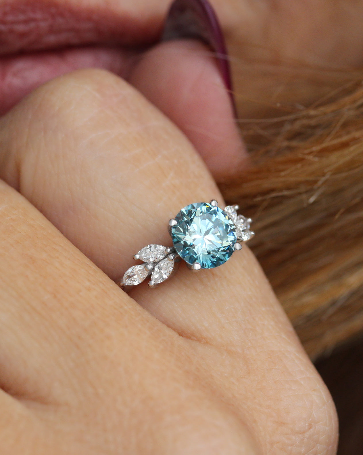 1.75 Carat Blue Lab Diamond Engagement Ring, Penelope, blue lab diamond, round diamond, marquise diamonds, gold