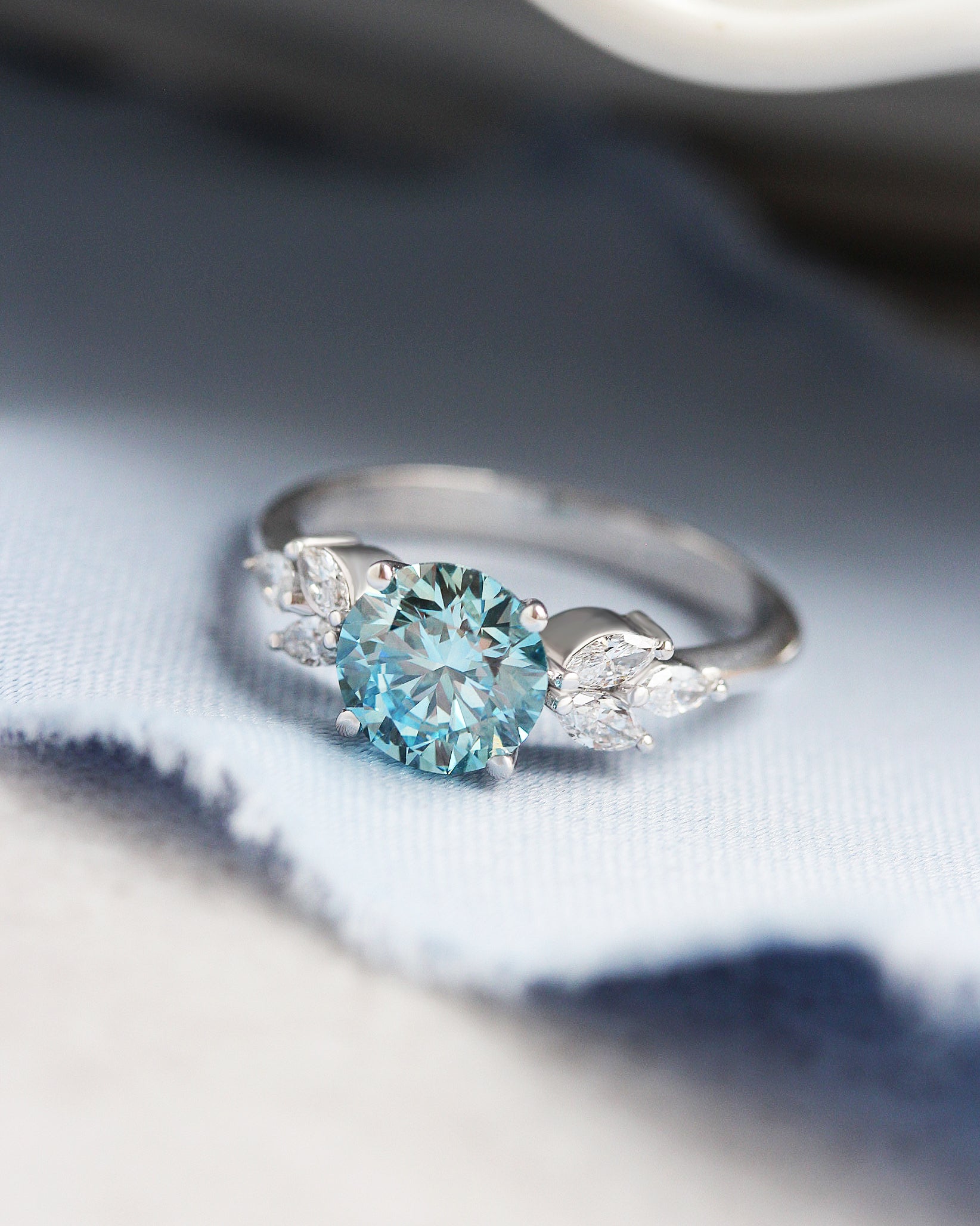 1.75 Carat Blue Lab Diamond Engagement Ring, Penelope, blue lab diamond, round diamond, marquise diamonds, gold