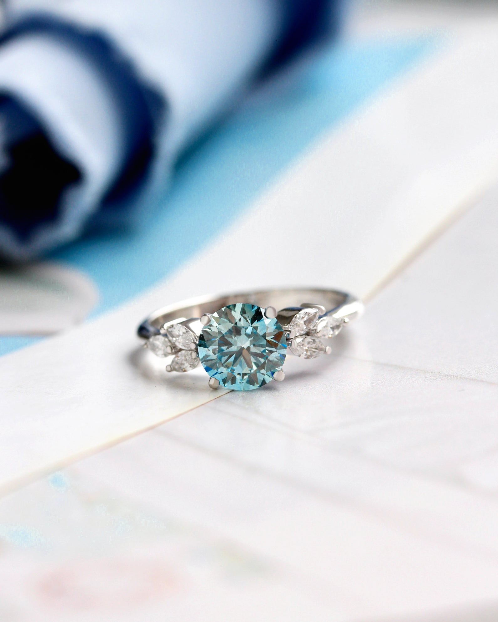 1.75 Carat Blue Lab Diamond Engagement Ring, Penelope, blue lab diamond, round diamond, marquise diamonds, gold